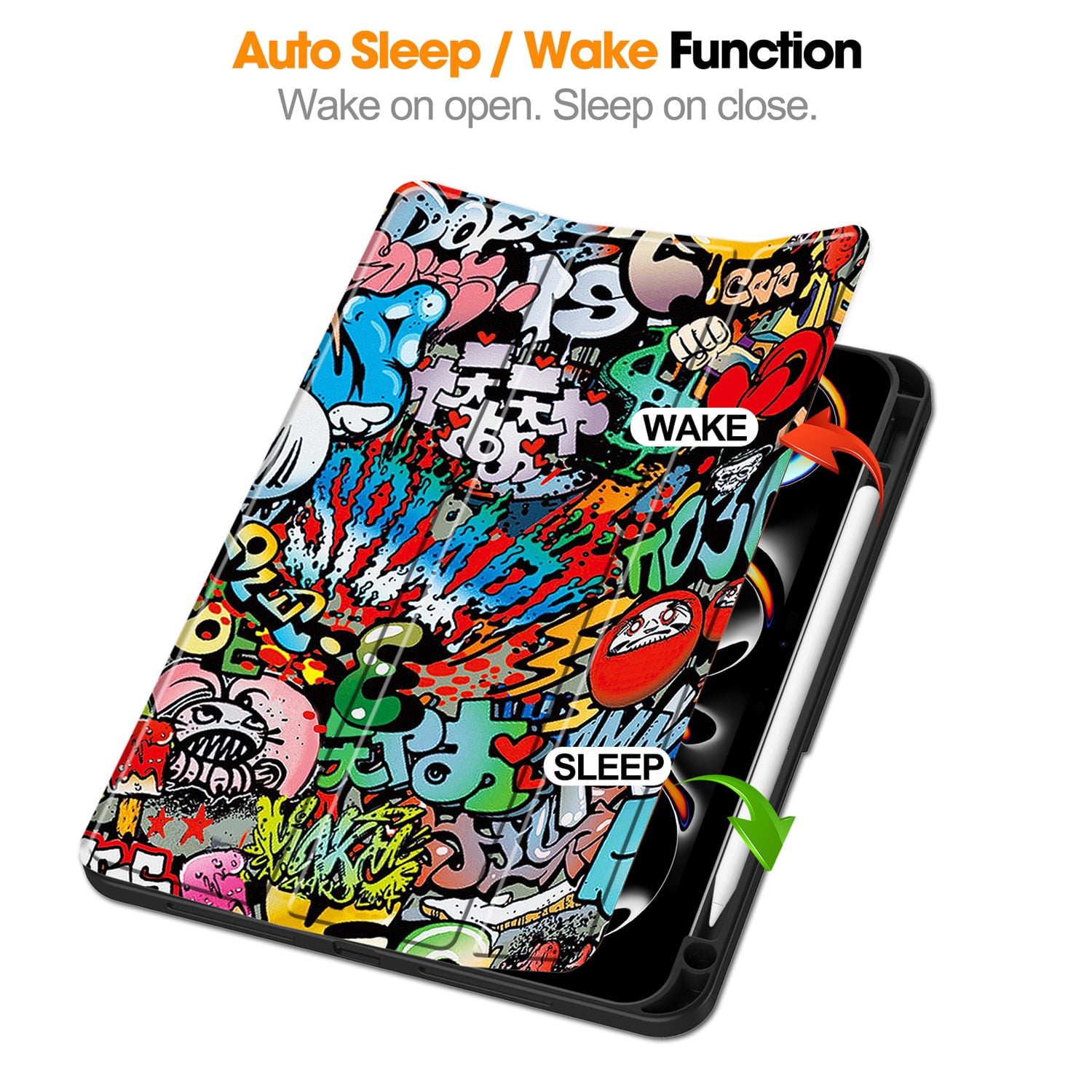SaniMore for Apple iPad Pro 11 (2024) Case, Auto Sleep/Wake, PU Leather Case with Tri-Fold Kickstand & Pencil Holder Shockproof Protective Cover for Women Men, Graffiti