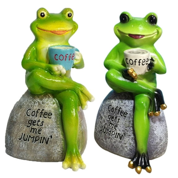 SPRING PARK Creative Green Frog Sitting on Stone Statue Drinking Coffee Indoor Outdoor Garden Statue Decoration Collectible Frog Figurine Statue Model Sculpture
