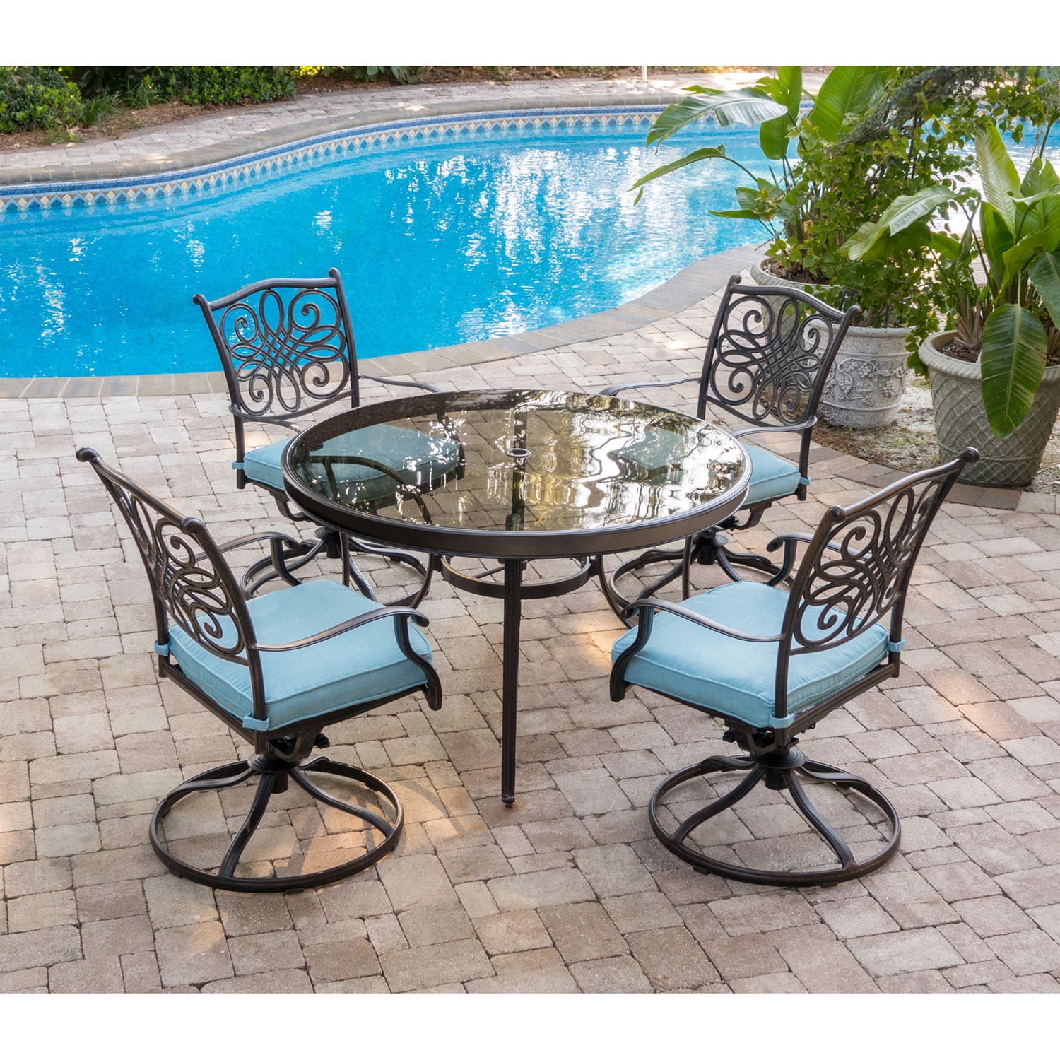 Cambridge Seasons 5-Piece Dining Set in Blue with 48 In. Glass-top Table
