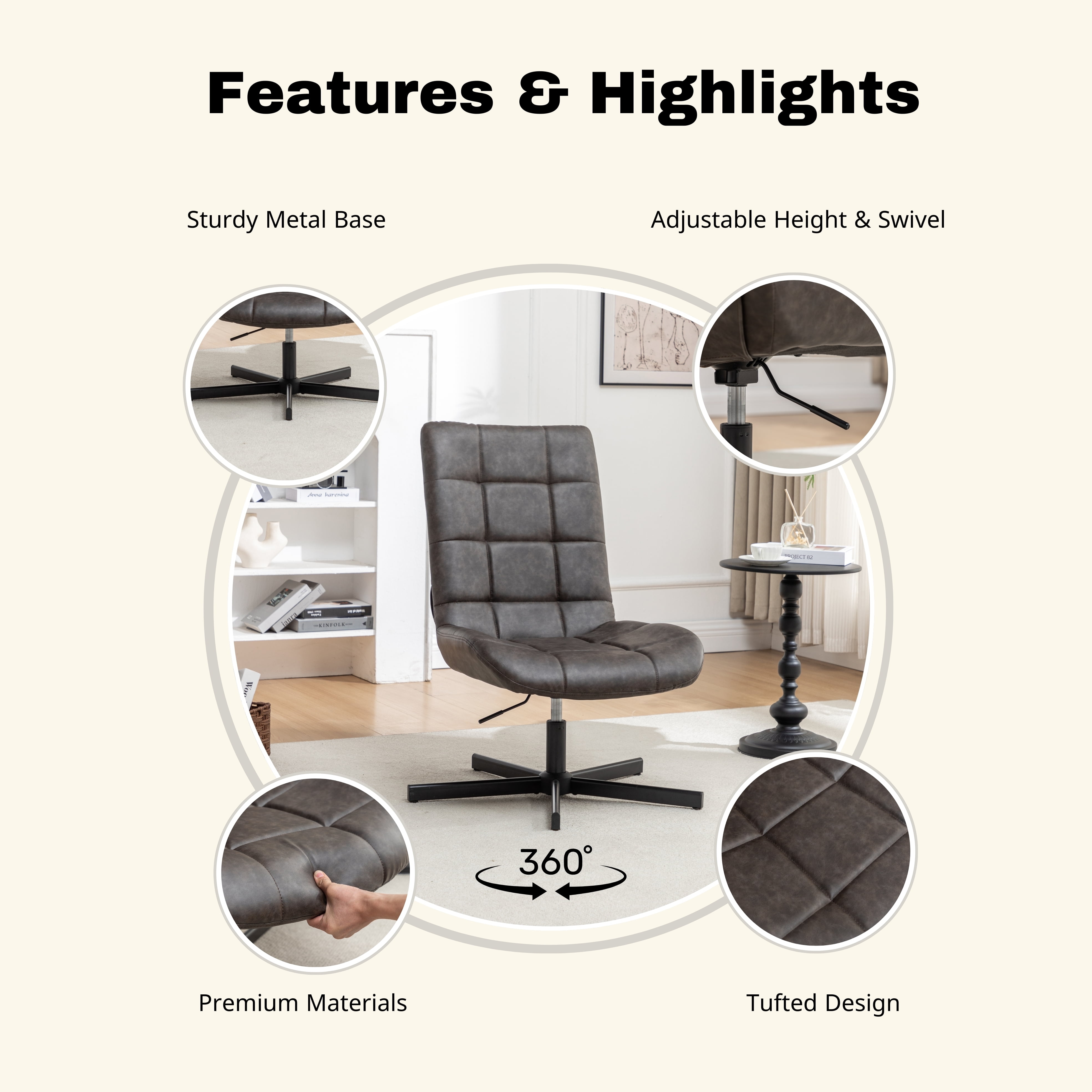 Roundhill Furniture Arlena 2-Piece Seating Set, Faux Leather Tufted Accent Chair and Ottoman, Brown