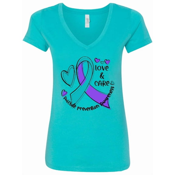 Inktastic Love and Care Suicide Prevention Awareness Ribbon and Hearts Women's V-Neck T-Shirt