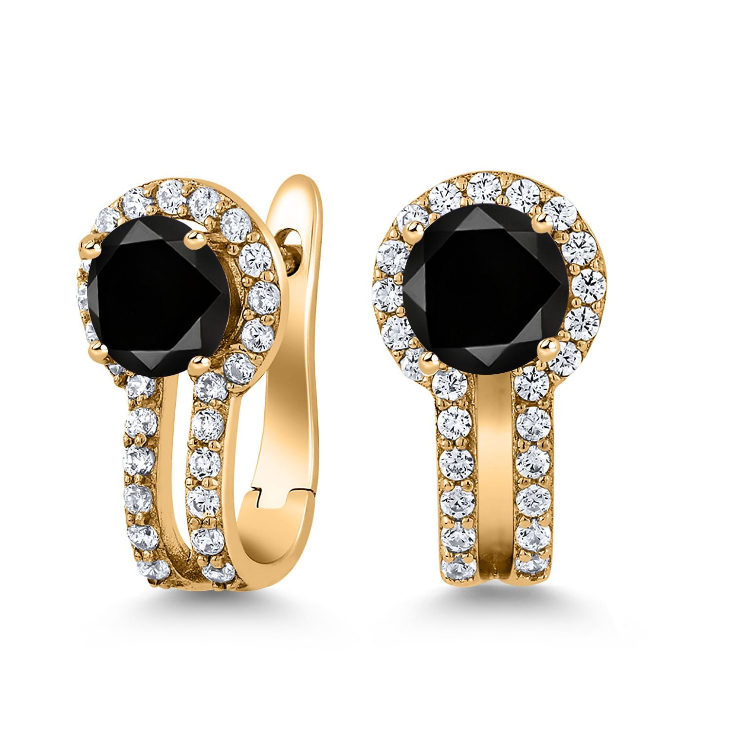 Gem Stone King 18K Yellow Gold Plated Silver Black Diamond and White Created Sapphire Earrings for Women (1.60 Cttw, Gemstone April Birthstone, Round 5MM)