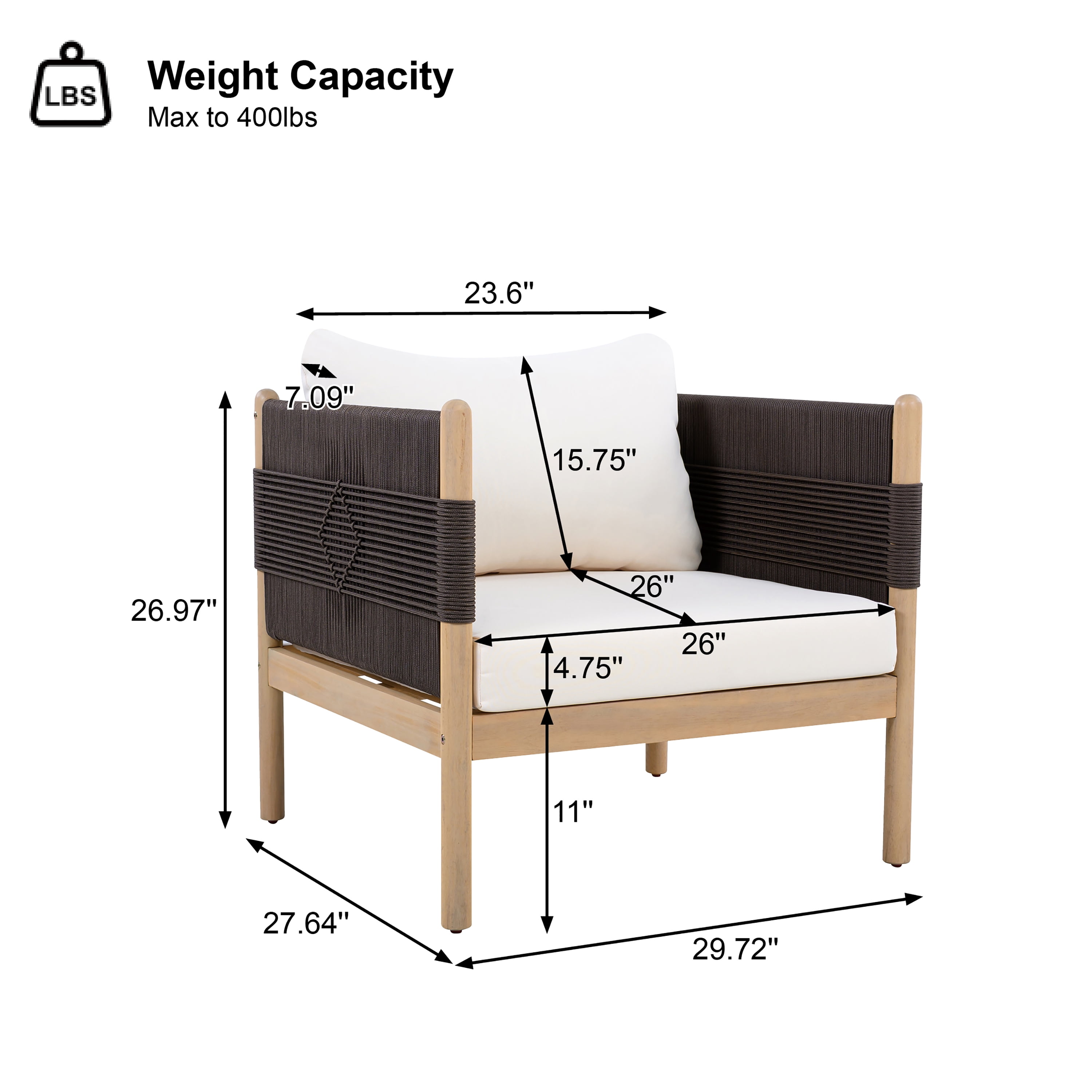 Club Chair, Outdoor Acacia Wood Chair with Diamond Rope Weave and Cushions for Patio Garden, Light Teak and Cream