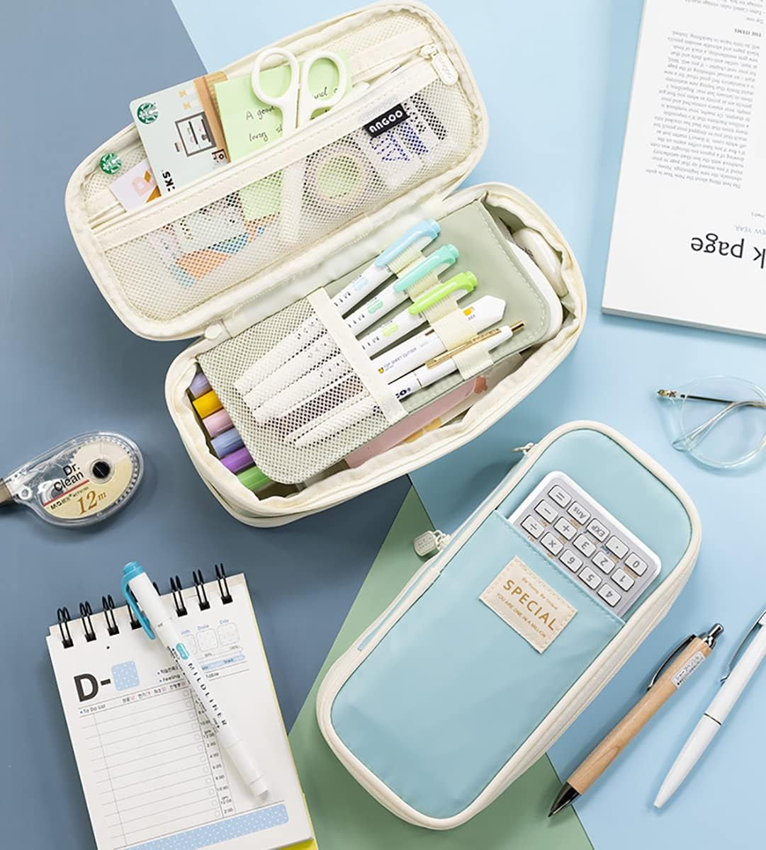QCQHDU Big Capacity Pencil Pen Case Simple Stationery Bag College Office Organizer Blue
