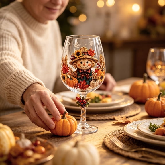Autumn Goblet Cup With Fall Character Design, Decorative Glass Tumbler For Thanksgiving Table, Fall Glassware For Party And Home Use,18.3 Cm