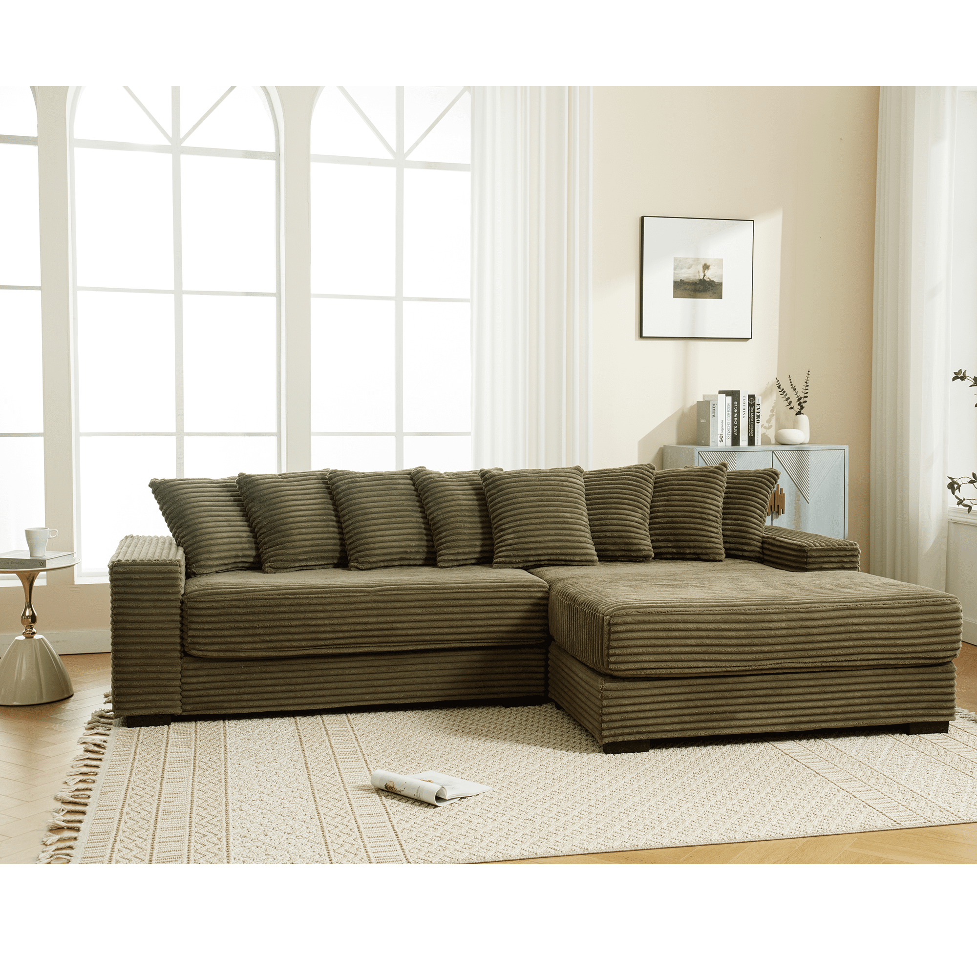 AISWORD 111" Oversized 3-Seat L-Shaped Sectional Sofa with Left Chaise, Luxury Corduroy Fabric Modular Couch with 8 Throw Pillows, Easy Assembly for Living Room