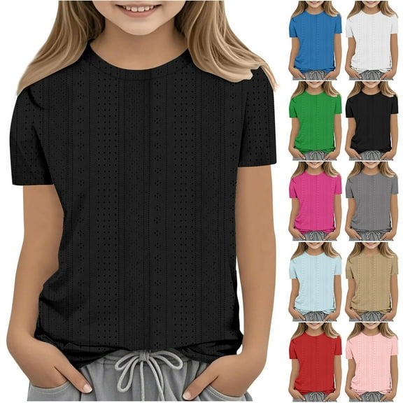 JTSRKL Teen Girls Summer Shirts Casual Lace Crochet Eyelet Hollow out Short Sleeve Crewneck Tshirt Tops Trendy Preppy Youth Outfit Clothes 2025 Black 5-6 Years
