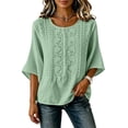thumbnail image 4 of thefmos Women Summer Boho Linen Tops 3/4 Sleeve Round Neck Embroidery Casual Loose Pullover Blouses Solid Fall Fashion Tunic, Green M, 4 of 9