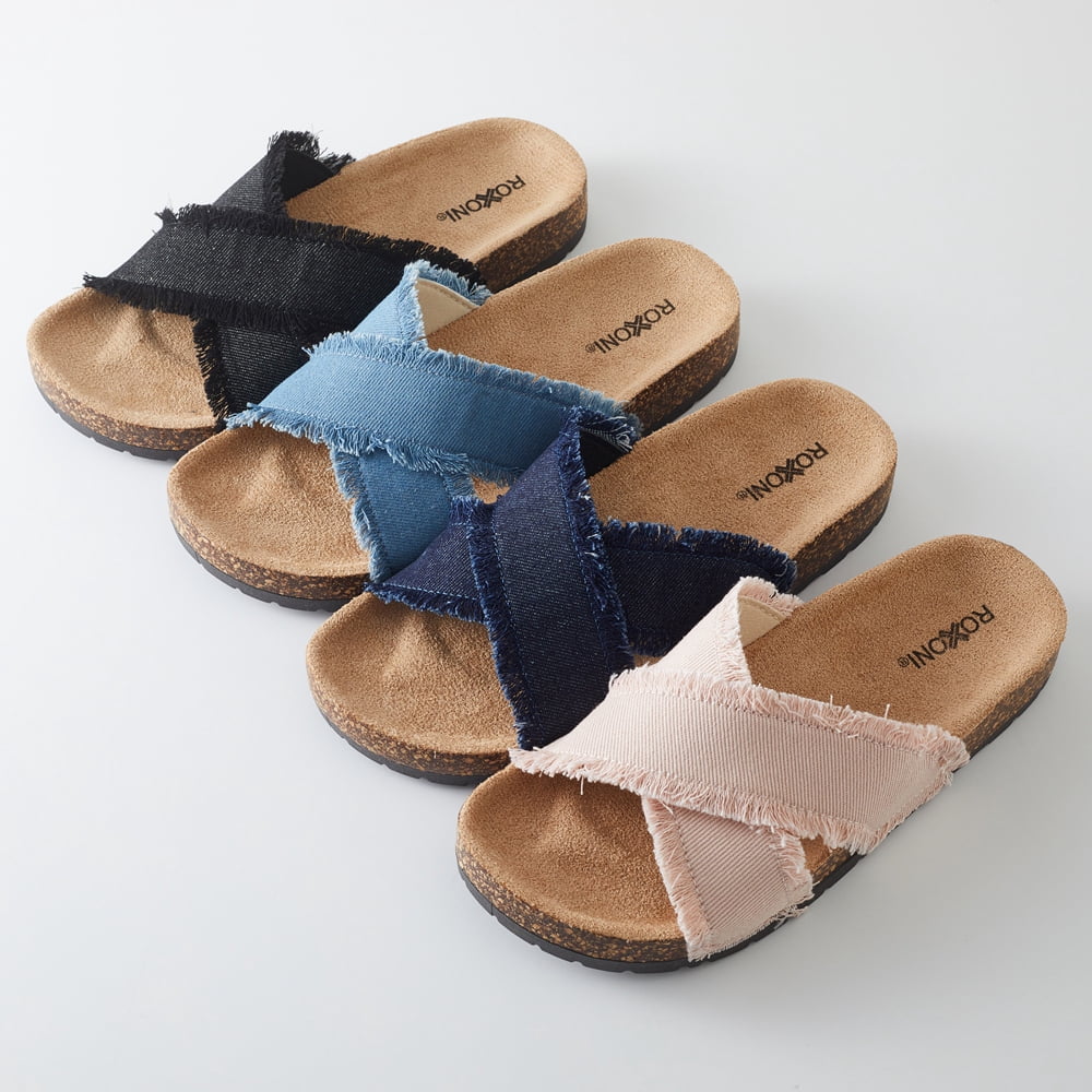 Roxoni Women’s Cross Strap Slide Sandals Denim Open Toe Comfort Slippers Cork Footbed Casual Summer Indoor Outdoor Footwear