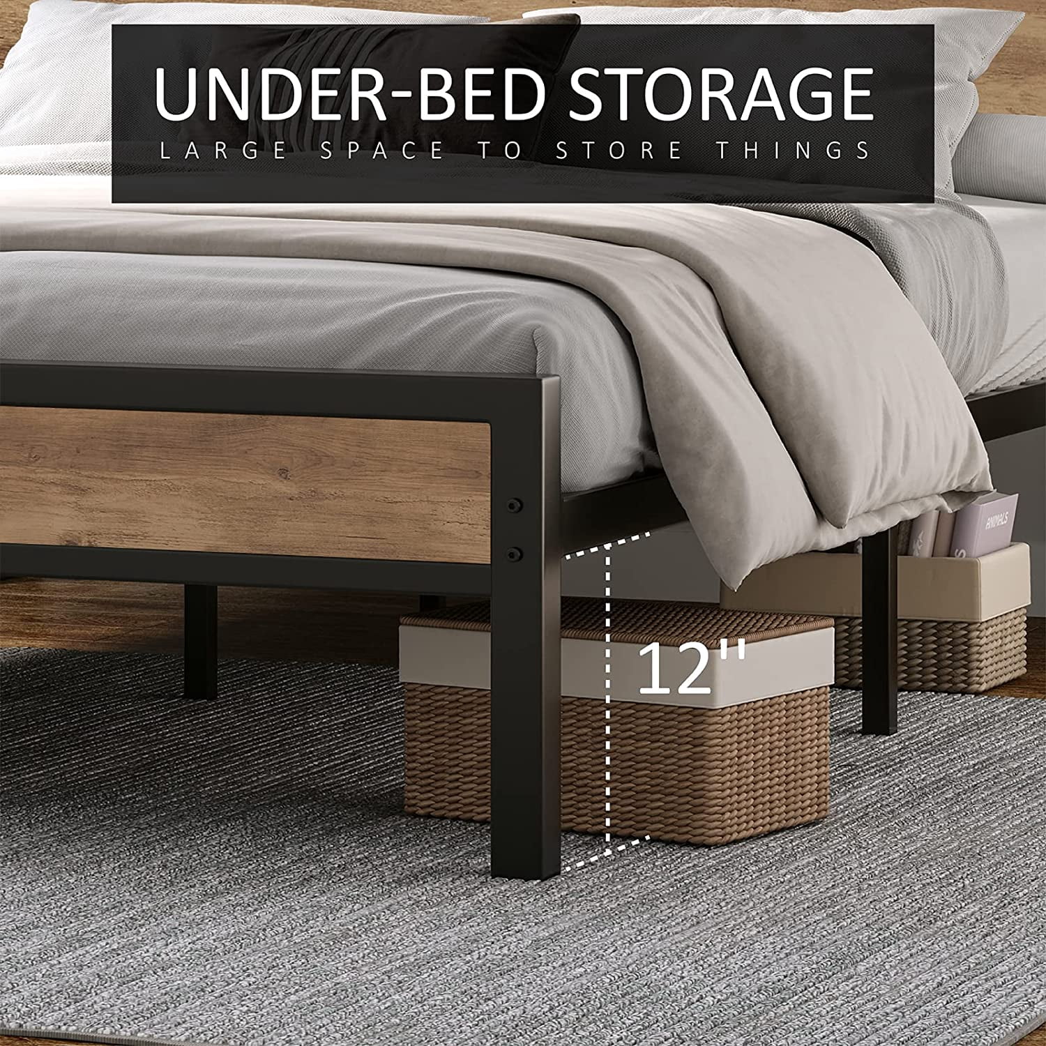 VANACC Queen Size Bed Frame Industrial Platform Bed with Charging Station, 2-Tier Storage Headboard/ No Box Spring Needed/ Noise-Free/ Rustic Brown
