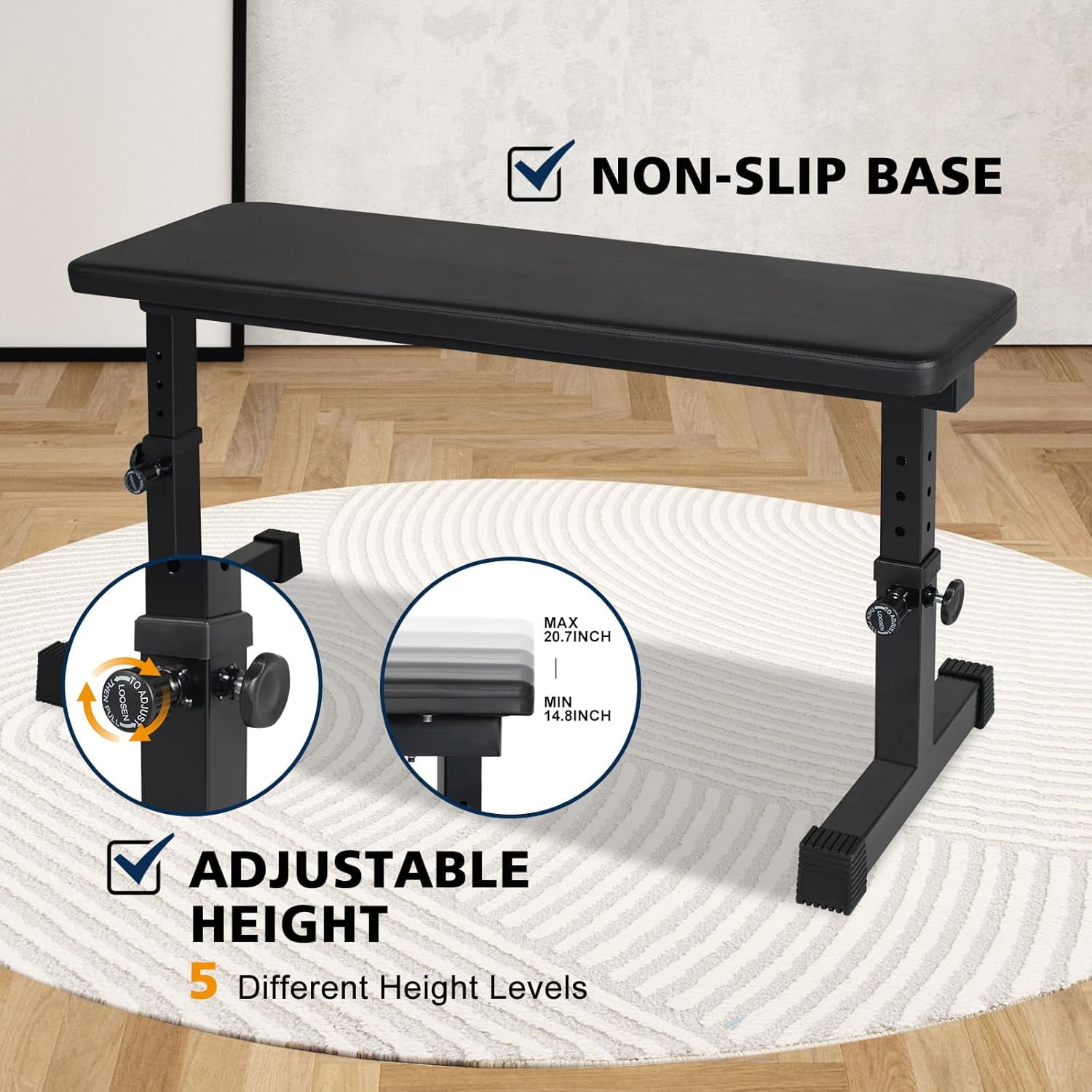 HooKung Adjustable Weight Bench Heavy Duty Steel Flat Workout Bench for Home Gym with Quick Assembly, Anti-Slip Base Multi-Functional Strength Training Bench for Full-Body Workouts