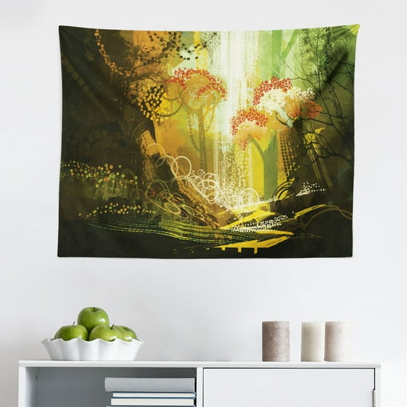 Fantasy Tapestry, Moon Surreal Scene with Riverside Lake Forest and Medieval Castle on Hill Art, Fabric Wall Hanging Decor for Bedroom Living Room Dorm, 2 Sizes, Green and Blue, by Ambesonne