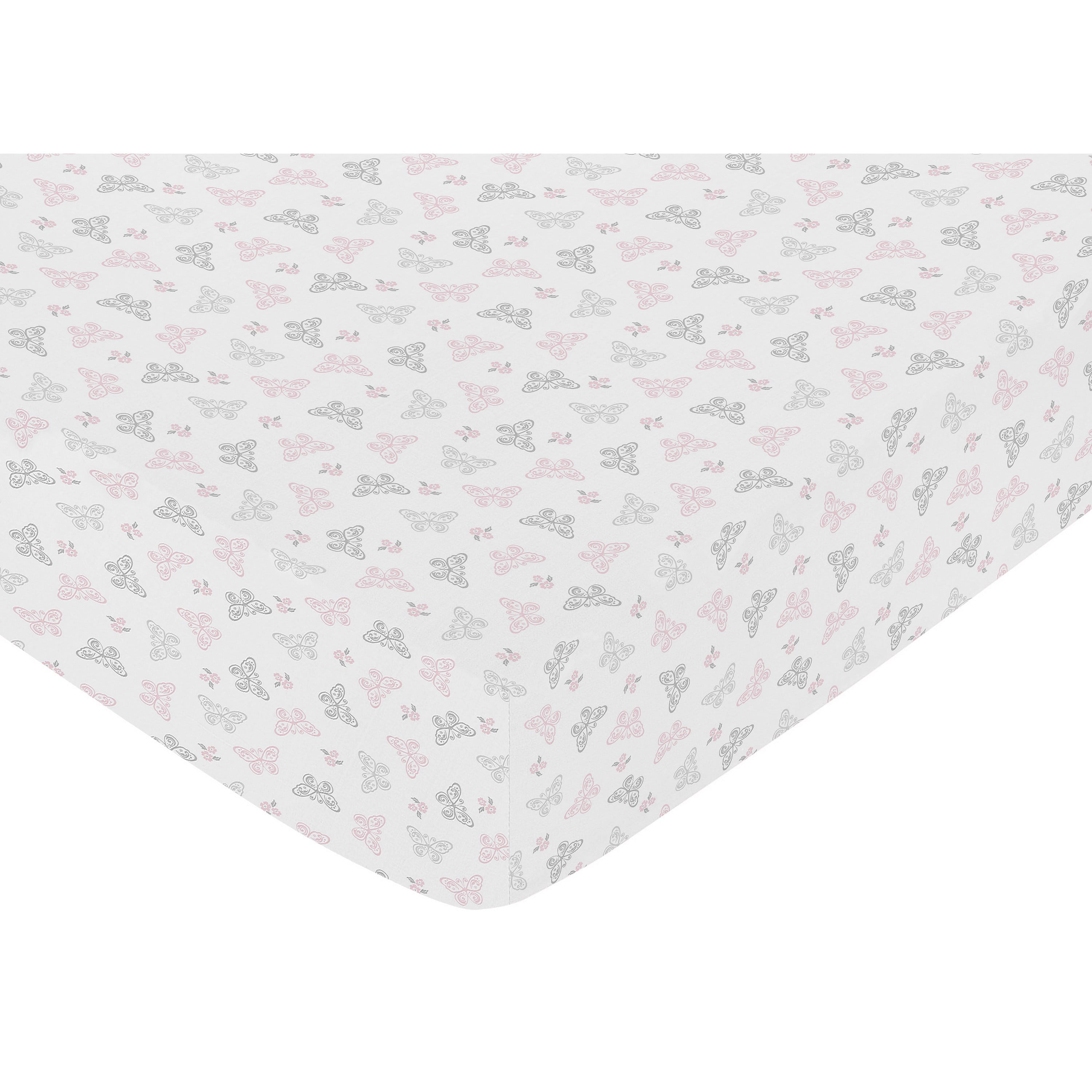Sweet Jojo Pink Grey Alexa Butterfly Baby Girl Fitted Mini Portable Crib Sheet 