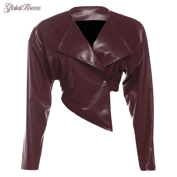 GlobalBreeze Women’s Faux Leather Jacket, PU Leather Coat, Shiny Wine Red Moto Jacket, Short Slim Fit Outerwear, Lightweight Soft Vegan Leather Blazer for Fall Winter Fashion, Affordable Gift Idea