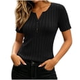 thumbnail image 3 of Asxite Women Summer Tops V Neck Short Sleeve Ribbed Button Solid Fashion Shirts, 3 of 7