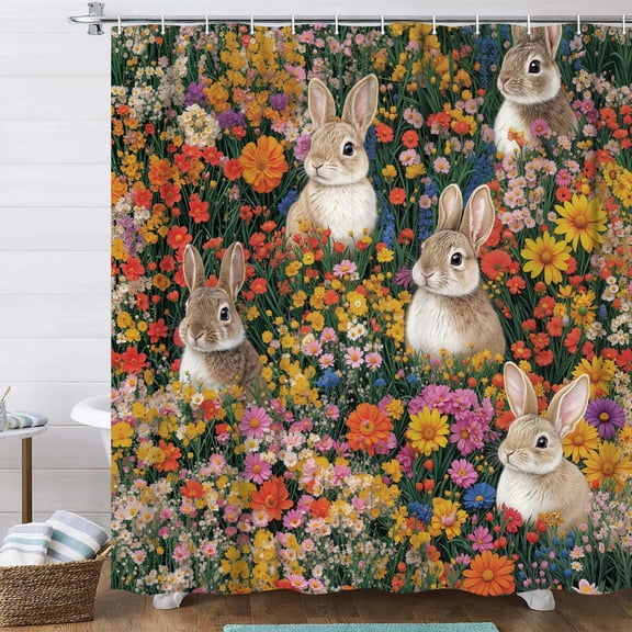 Easter Bunny Garden Shower Curtain Set, Easter Spring Colorful Floral Flower Bunny Rabbits Fabric Shower Curtains for Bathroom