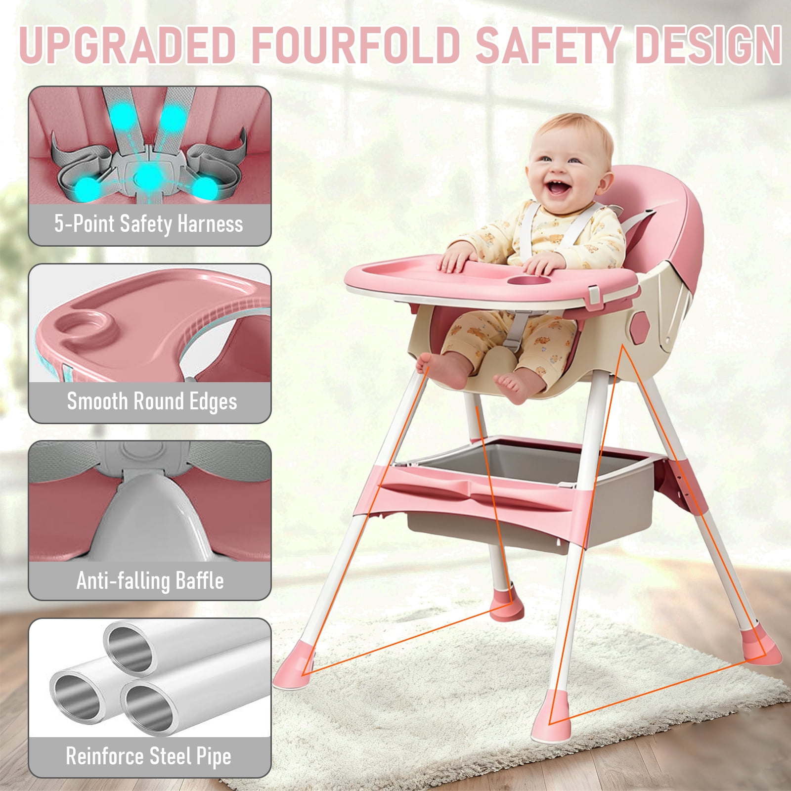 ManyFun 4 in 1 Baby High Chair Portable Toddler Baby Dining Chairs-Dining Booster Seat for Eating-Dinner Plate and Toy Rack,Pink