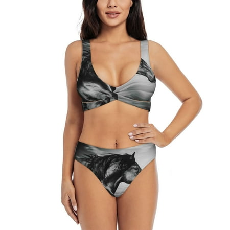 Zeuib Running Horse High Waisted Tummy Control Bikini Set - Knot Front Push Up Top & Cheeky Thong Bottom  Two-Piece Swimsuit for Women-Small