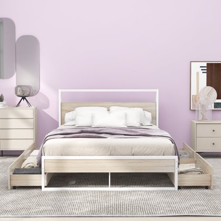 Paproos Full Bed with Storage  Heavy Duty Metal Platform Bed with 4 Storage Drawers  Sockets and USB Ports  Industrial Full Size Wood and Metal Bed Frame with Headboard  No Box Spring Needed  White