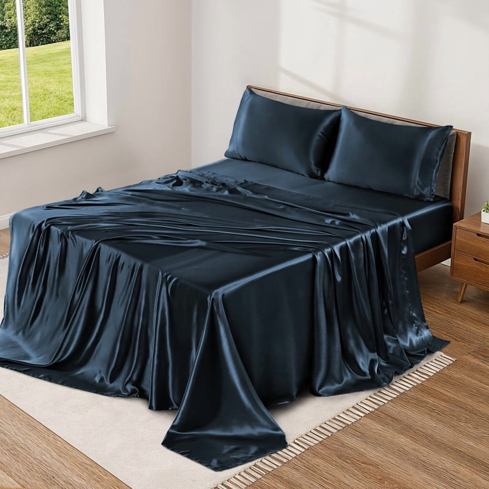 Home Collection Deals Lux Decor Satin Sheets Queen Size - 4 Piece Cooling Silky Bed Sheet Set for Hair and Skin, Similar to Silk, 15" Deep Pocket, OEKO-TEX Certified (Navy)