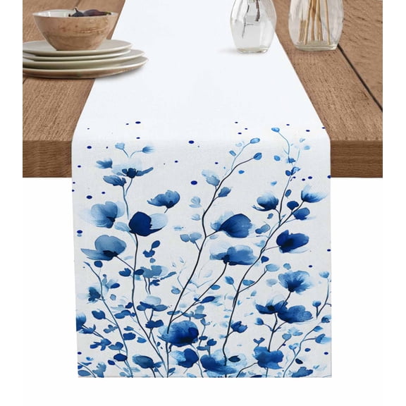 Blue Botanical Table Runner 90 Inches, Watercolor Garden Florals Leaf Bed Runner Dresser Scarves Tabletop for Indoor Outdoor Parties/Ceremony/Banquet, 13" x 90"