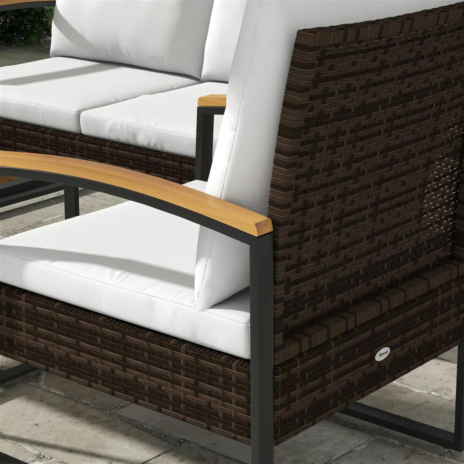 Demi Bonn 4-Piece Rattan Outdoor Patio Furniture Set with Loveseat Sofa, Chair, Wooden Coffee Table, and Cushions for Backyard and Deck, White