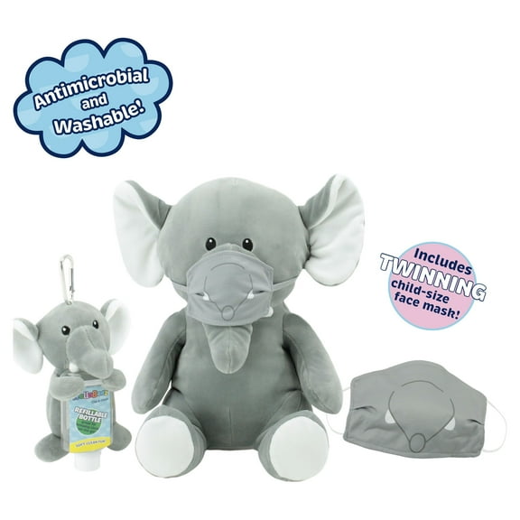 Animal Adventure® WelloBeez™ – Antimicrobial Plush Mask Mate™ – Masked Elephant Plush with Additional Child’s Face Mask & Clip Bundle