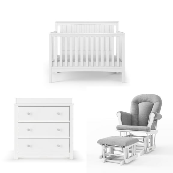 Child Craft Scout Crib, Dresser and Glider Nursery Set, 4-in-1 Convertible Crib with Rocker, Matte White, 3-Piece