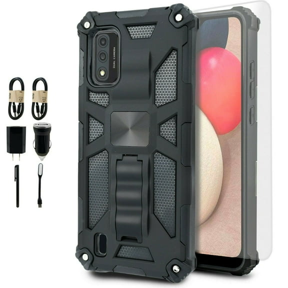 Value Pack for BLU Wiko Ride 3 3rd Version with Tempered Glass Hybrid Phone Case Magnet Mount Ready Grip Grids Kickstand Slim Shock Bumper Cover