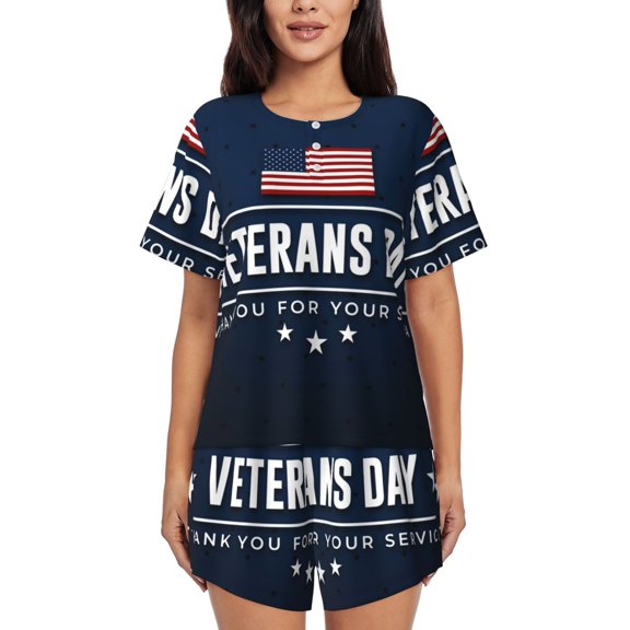 Ratiio Happy Veterans Day Print Womens Pajama Sets 2 Piece Soft Short Sleeve Top and Shorts Sleepwear Round Neck Pjs Lounge Set