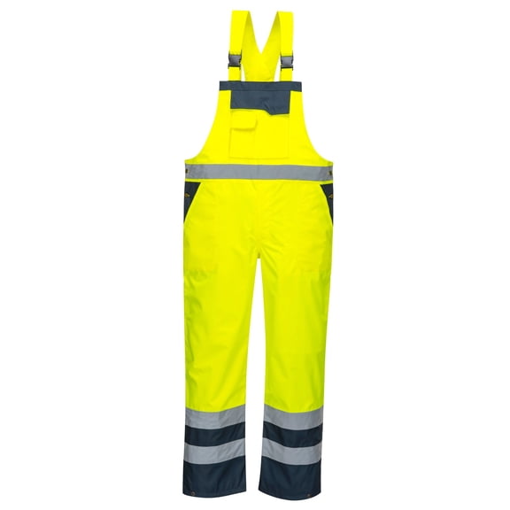 Portwest S488 Men's Hi Vis Bib and Brace Work Overalls - Waterproof Breathable Contrast Rain Dungarees Yellow/Navy, Large