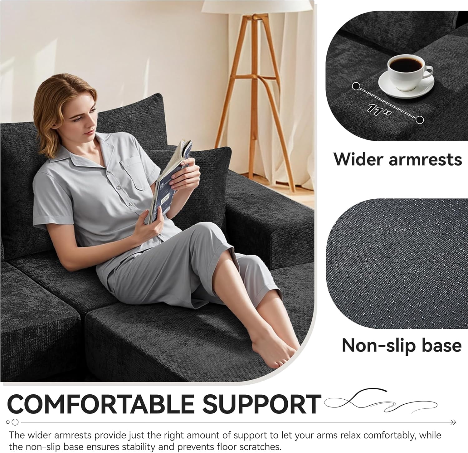 79" Boneless Cloud Loveseat Sofa with Ottoman, Modular Chenille Convertible Floor Couch Bed, No Assembly, Black