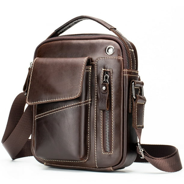 Bolso bandolera de cuero para hombre, estilo retro, pequeño, tipo bandolera, informal, con orificio para auriculares, para viaje, para almohadilla de 7,9"