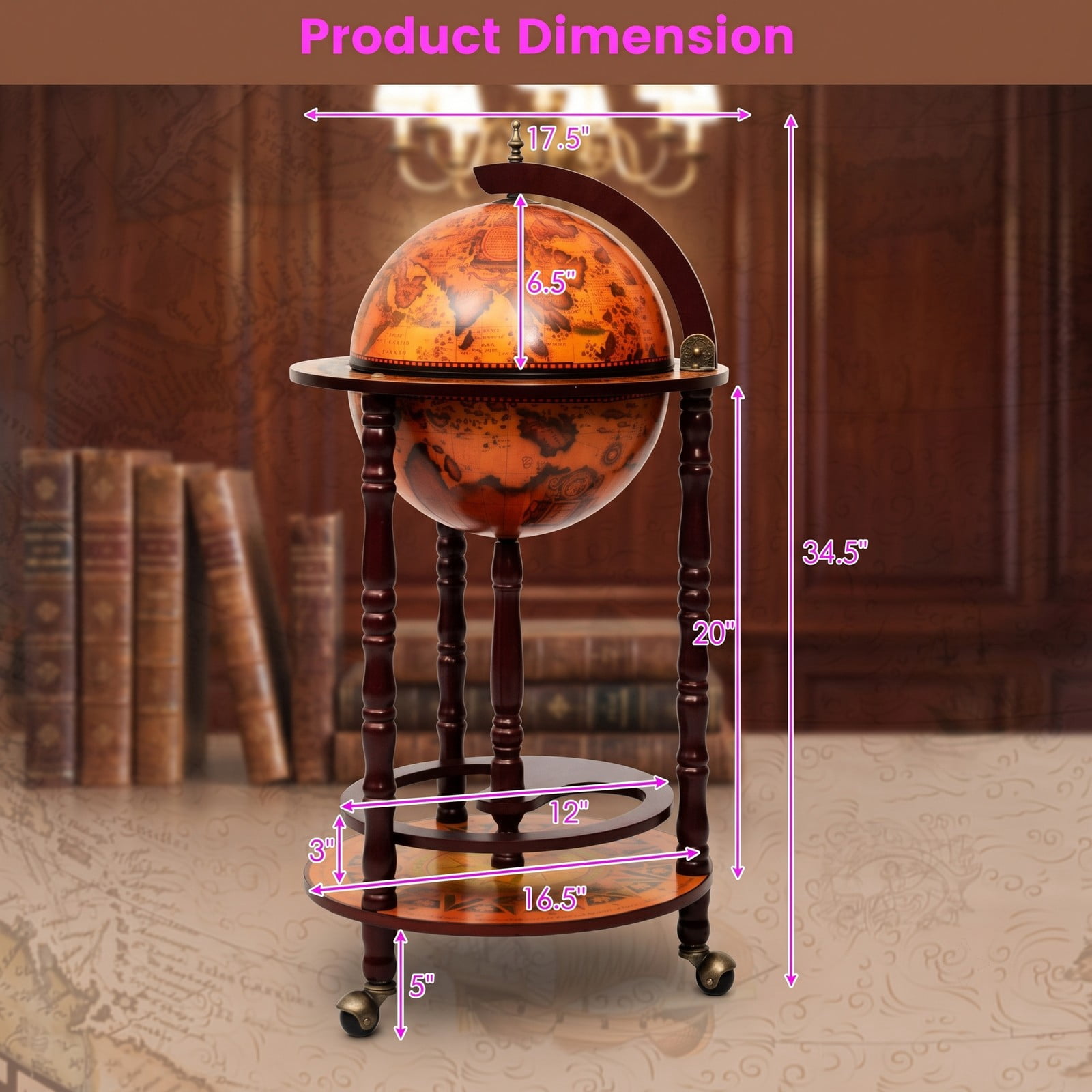 RUIE 16th Century Globe Wine Bar Stand, Freestanding Wood Wine Rack Cabinet with Antique Map Design for Living Room Bar Kitchen Storage, Brown
