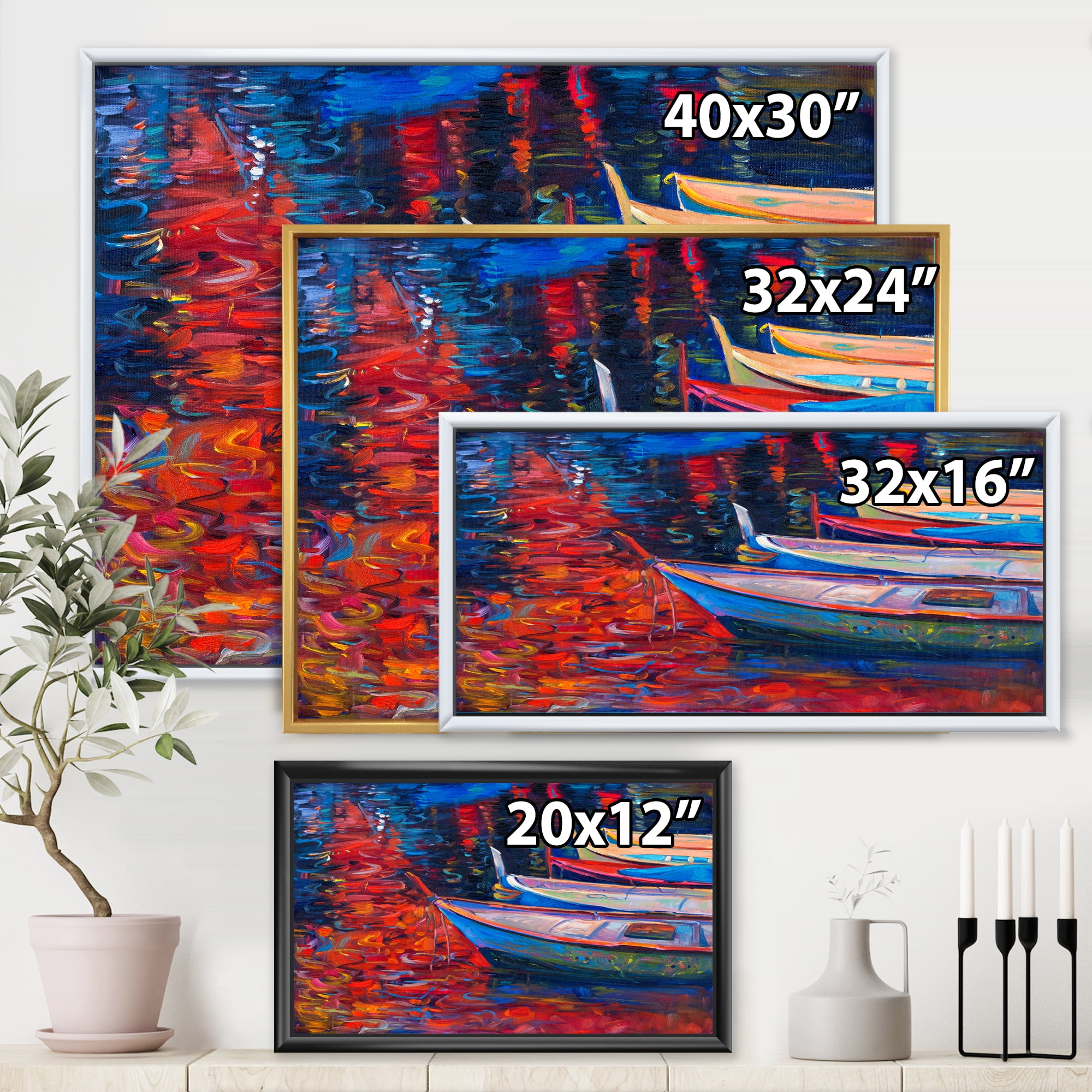 Designart 'Boats During Warm Sunset Resting On The Water IX' Nautical & Coastal Framed Canvas Wall Art Print