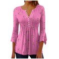 thumbnail image 4 of Blusa informal con botones estampados y plisados de plástico para mujer, manga 3/4, manga corta y cuello de cuerno., 4 of 4