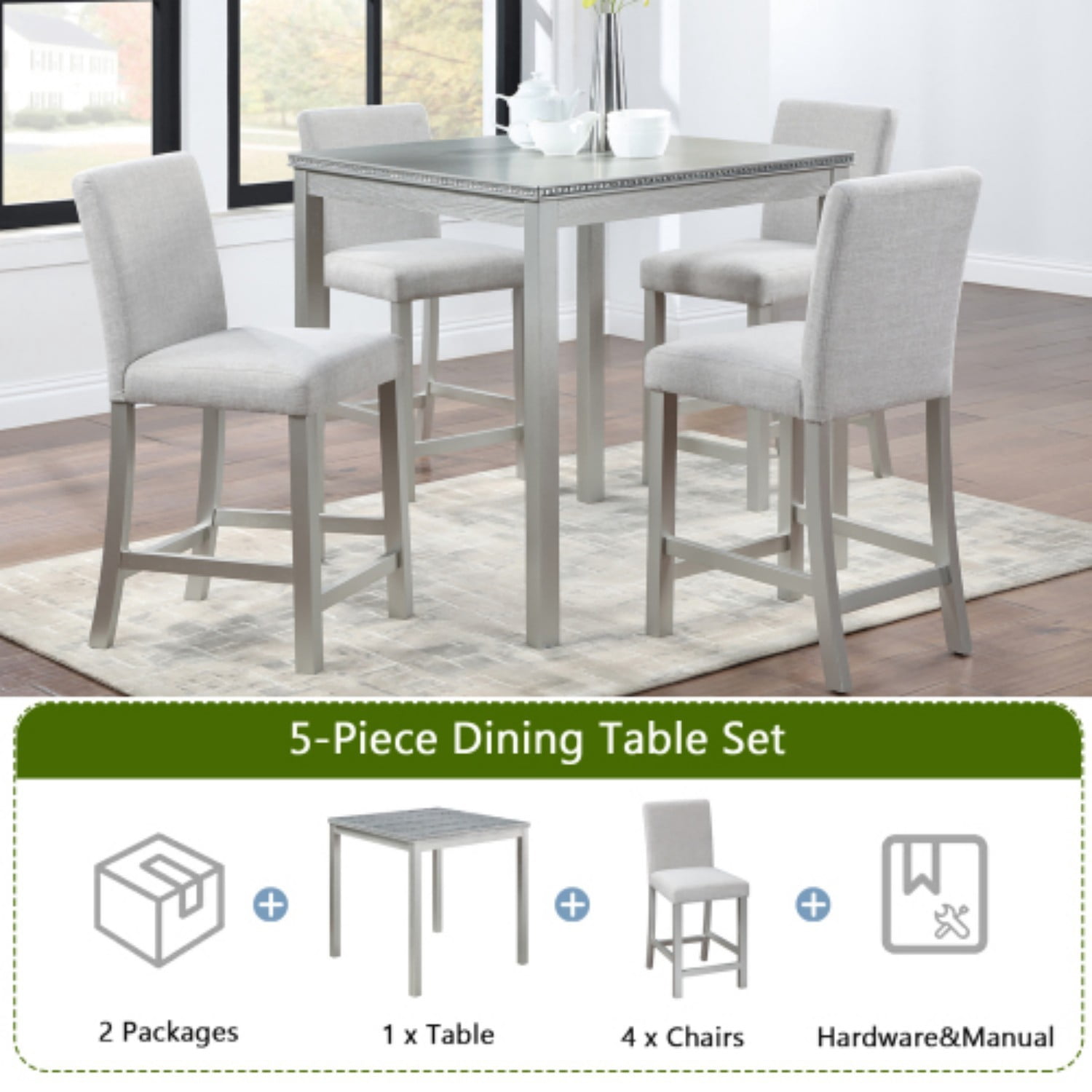 5 Piece Counter Height Dining Table Set, Square Kitchen Table with 4 Upholstered Chairs, Wooden Dining Set with Crystal Decoration for Dining Room, Silver Gray
