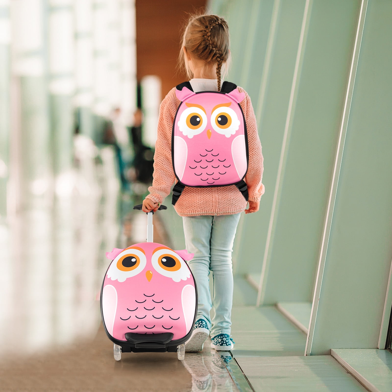Infans 2PCS Kids Carry On Luggage Set 16" Owl Rolling Suitcase w/ 12" Backpack Travel