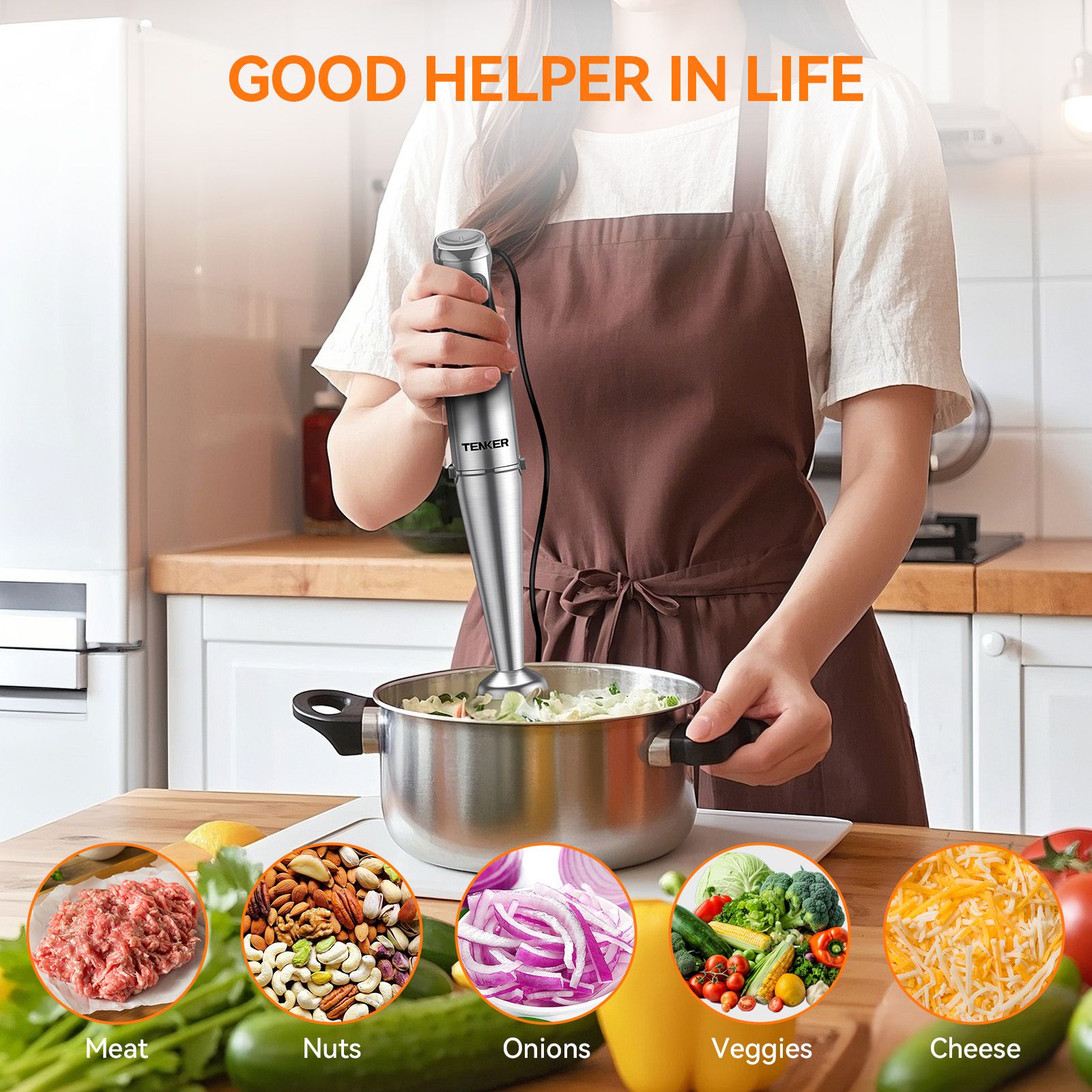 5-in-1 Immersion Hand Blender 1100W - 12 Speed + Turbo Stainless Steel Stick Blender with 600ml Beaker 500ml Chopper Whisk Milk Frother BPA-Free for Kitchen