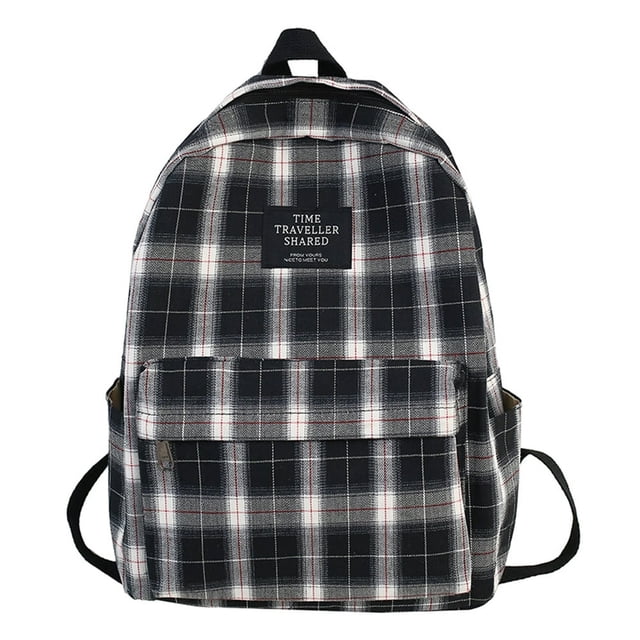 Fashion Aesthetic Backpacks Large Vintage Plaid Student Travel Rucksack (Black)