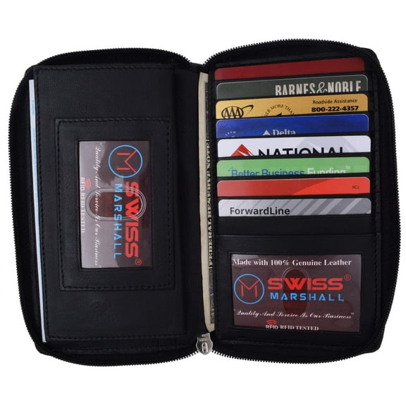 Swiss Marshall RFID Women's Deluxe Double Zipper Credit Card ID Checkbook Holder Premium Leather Wallet