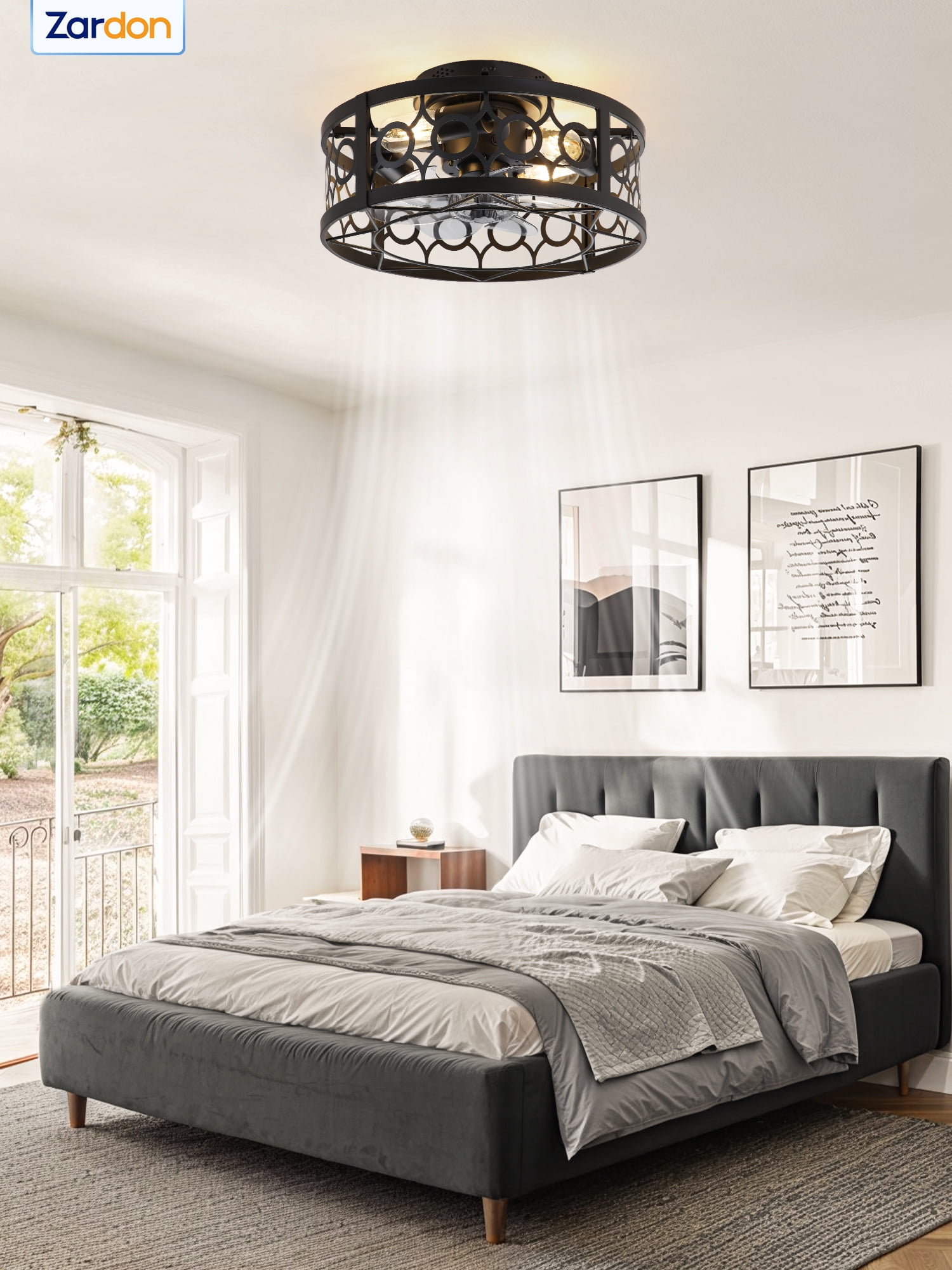 Zardon Ceiling Fans, 16" Caged Low Profile Ceiling Fans with Light and Remote, Reversible 6 Speeds, for Bedroom, Kitchen, Black