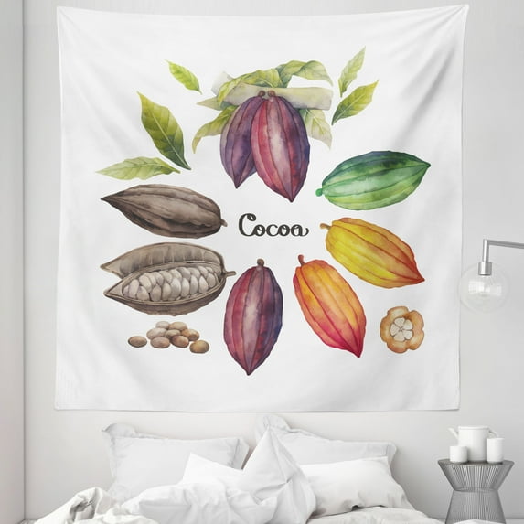 Cocoa Tapestry, Exotic Food Theme Tropical Organic Botanical Harvest Healthy Plants Watercolor, Fabric Wall Hanging Decor for Bedroom Living Room Dorm, 5 Sizes, Multicolor, by Ambesonne