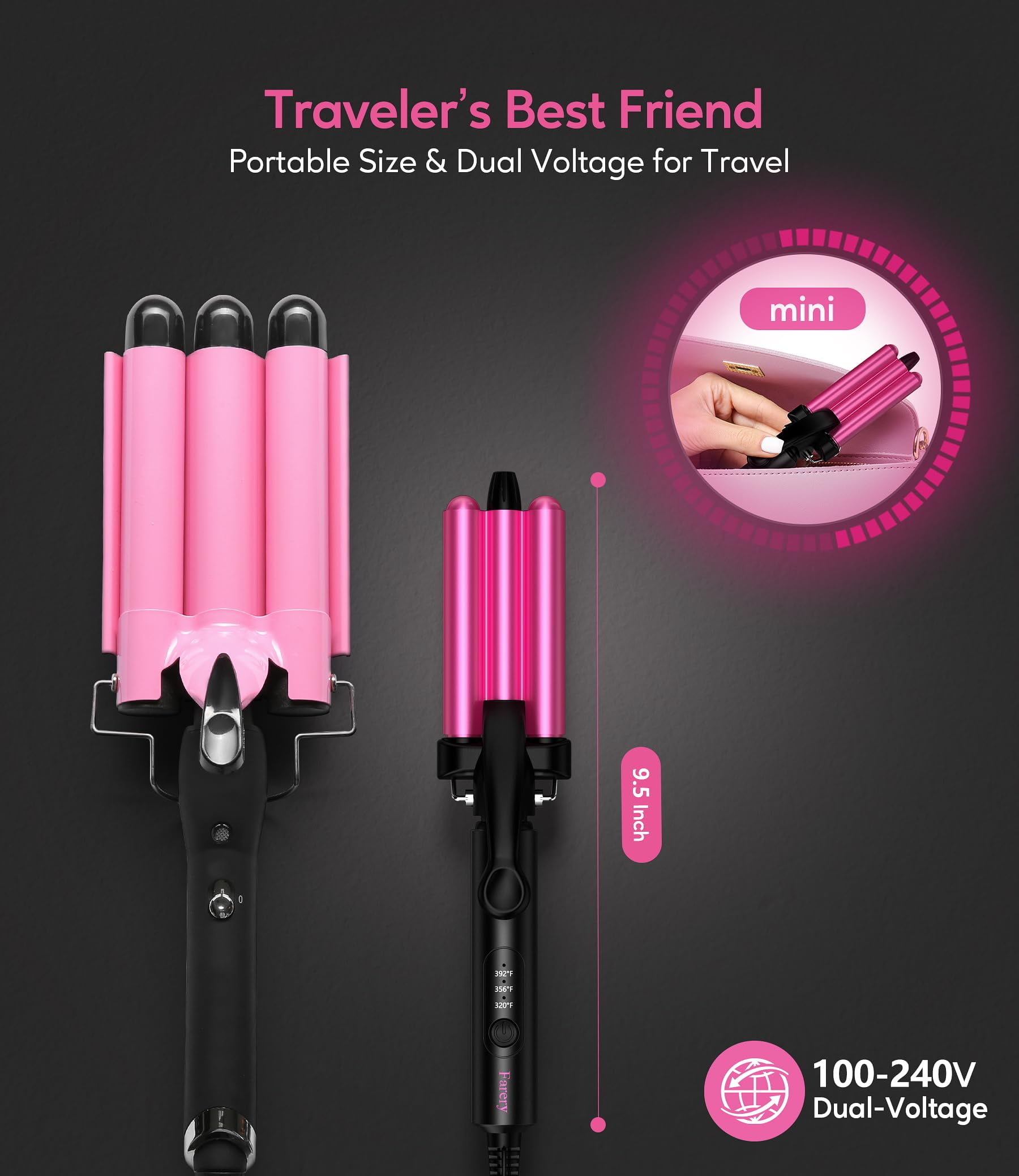 FARERY Mini Hair Crimper with Temperature Adjustable, 3 Barrel Crimping Iron for Short Hair Waves