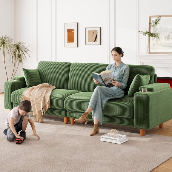 Patbrela 101" Oversized Corduroy Sofa with Storage, 24" Extra Deep Seat Couch, Comfy Upholstered with Cup Holder, 2 Pillows, Green