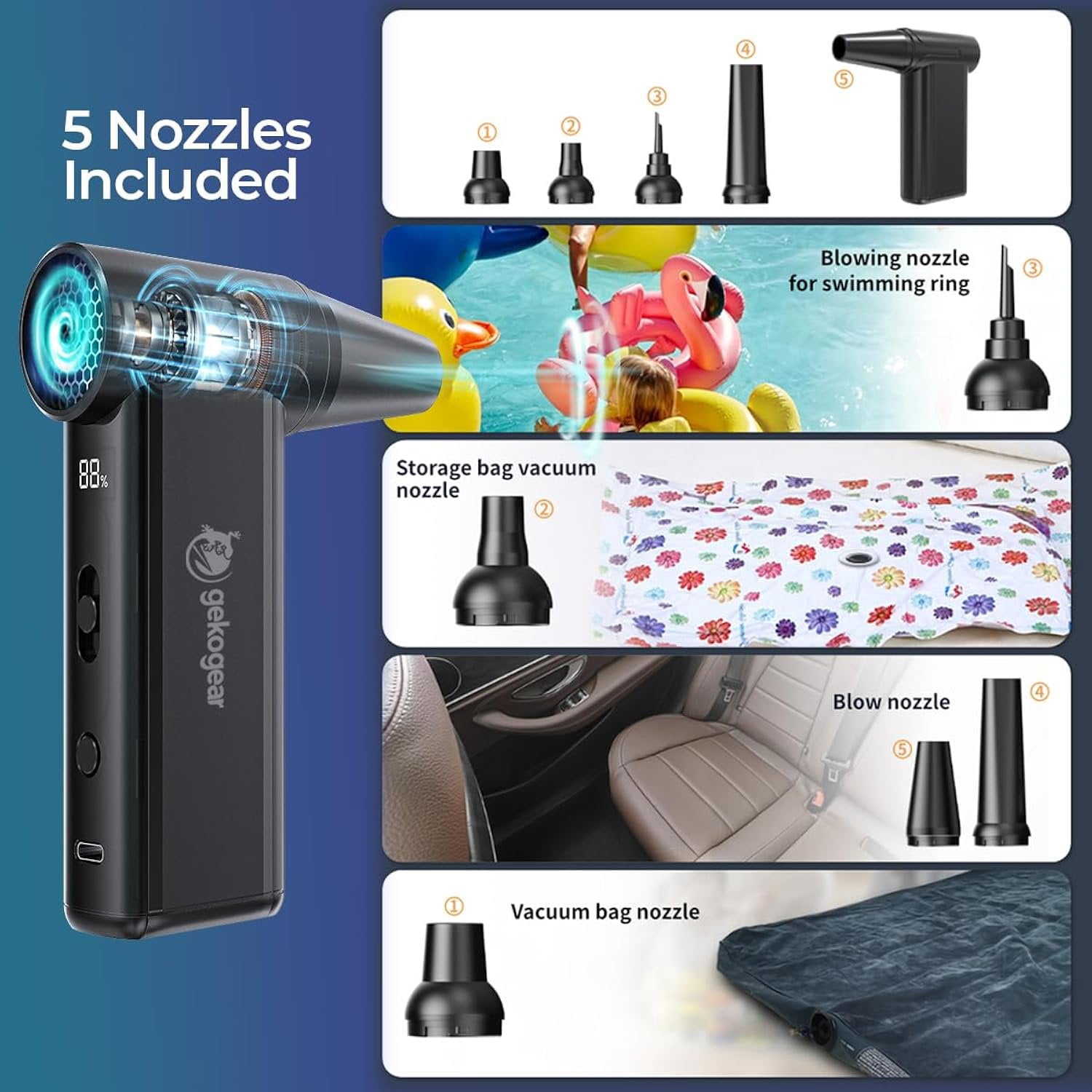 GekoGear Cyclone F1 Cordless 2-Way Air Blower, 110000 RPM Brushless Motor, 8 Speed Levels, Rechargeable USB-C Electric Air Duster with 5 Nozzles and LED Display for Electronics Car Keyboard, Black