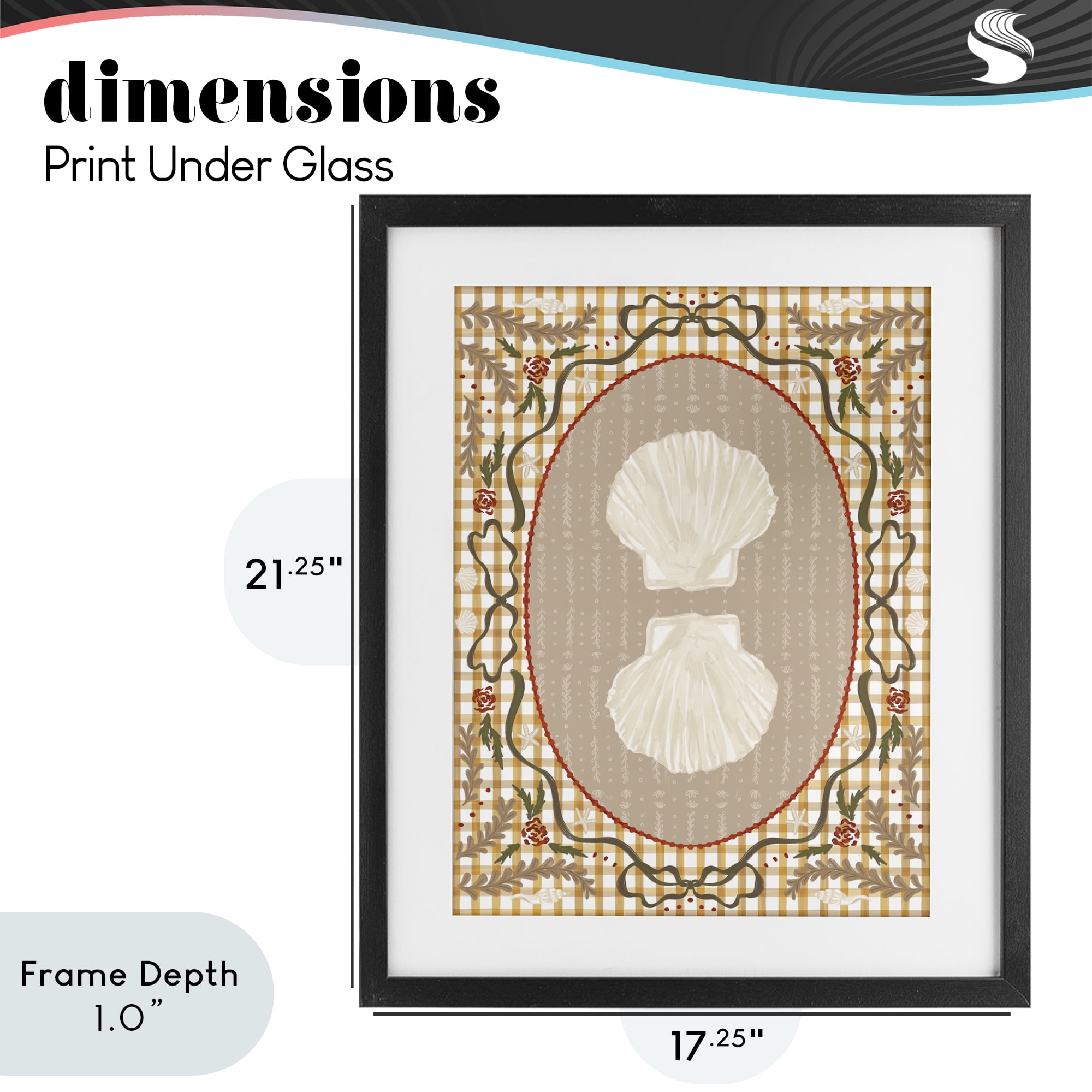 Stupell Industries Vintage Shells on Gingham Black Framed Print Under Glass, design by Vero Illustrates