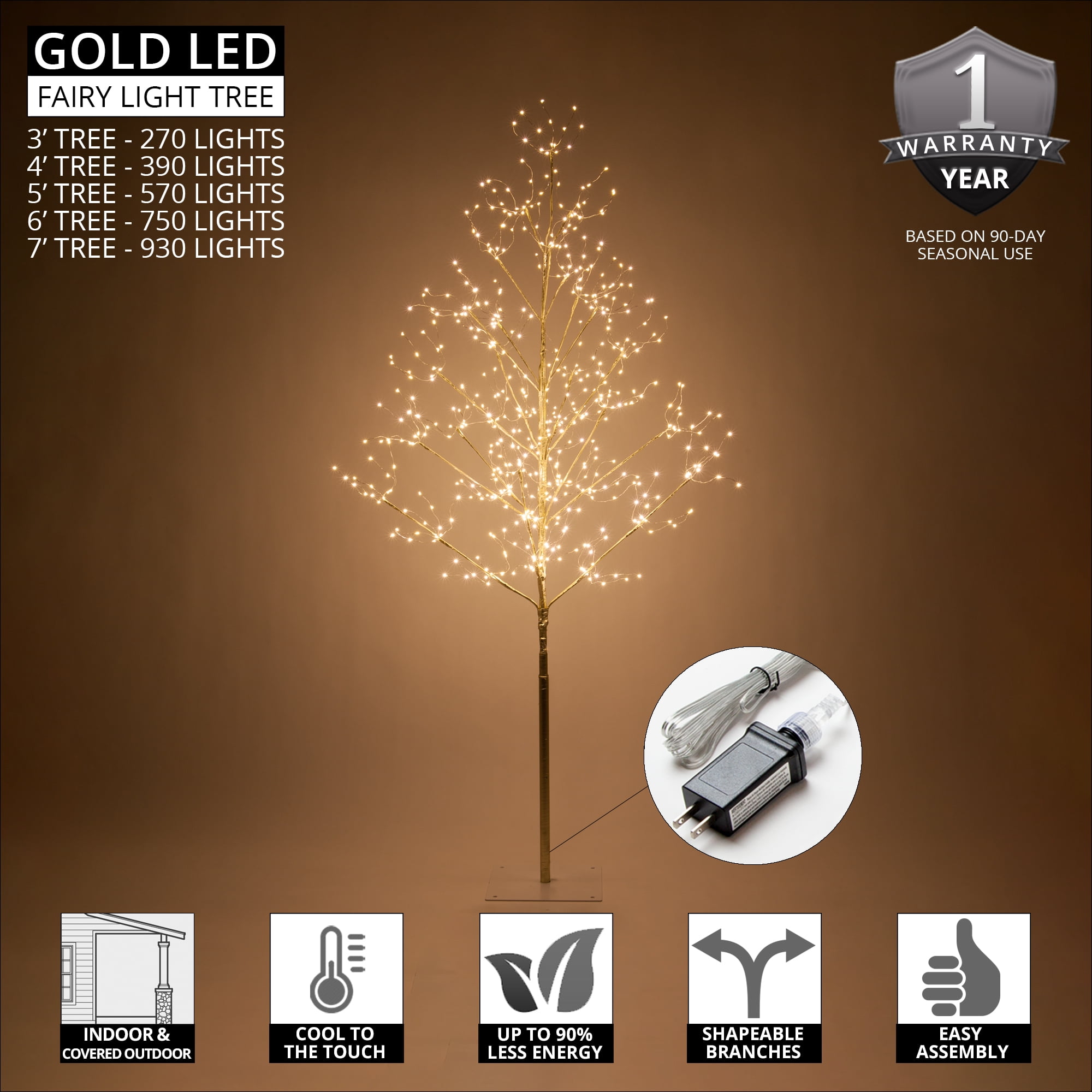 Wintergreen Lighting 3ft Lighted Tree Decoration with Gold Branches, 270 Warm White Fairy Lights, Fairy Light Tree