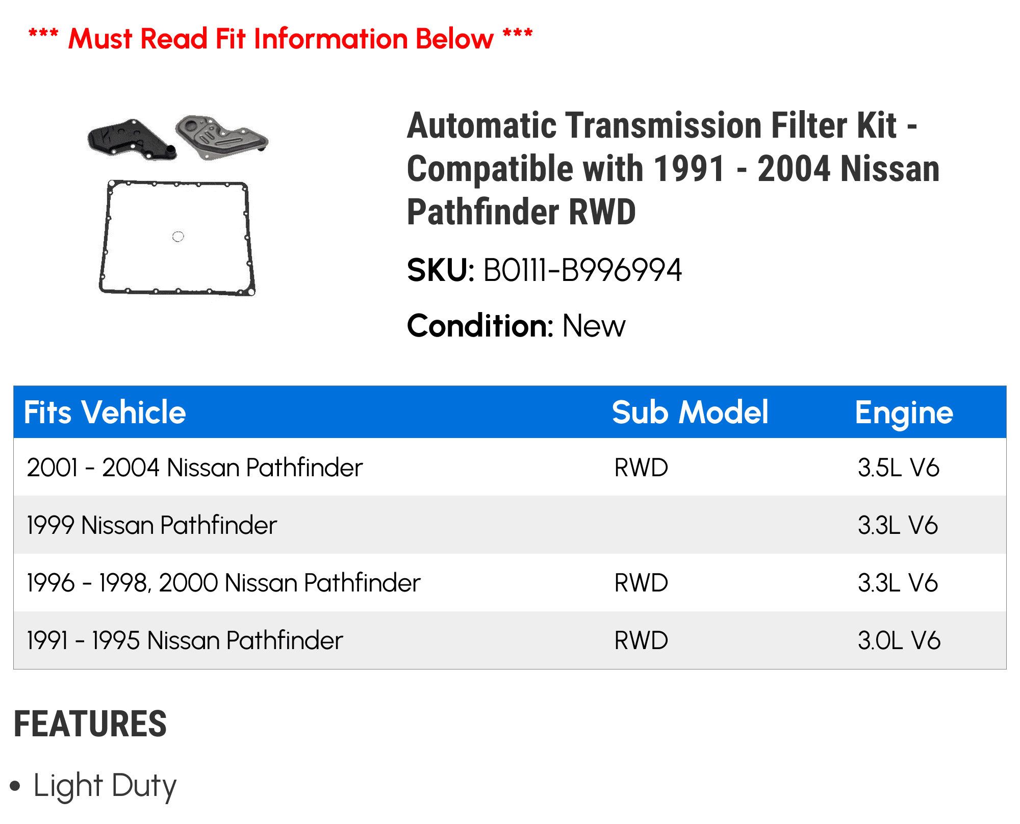 Automatic Transmission Filter Kit - Compatible with 1991 - 2004 Nissan Pathfinder RWD 1992 1993 1994 1995 1996 1997 1998 1999 2000 2001 2002 2003