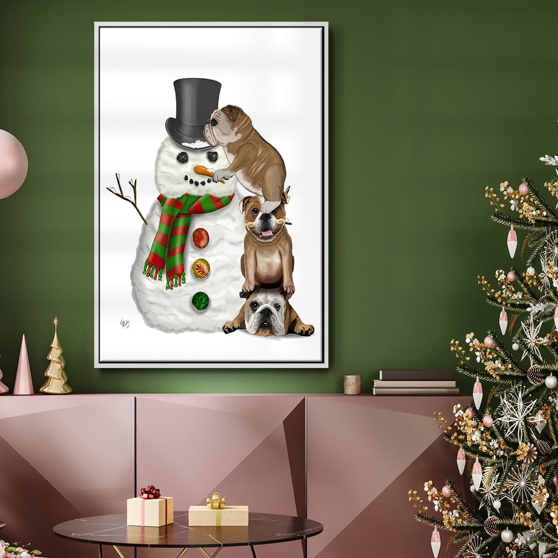 Christmas English Bulldogs Building Snowman - Framed Gallery Wrapped Holiday Canvas - 17 x 25 - White Frame